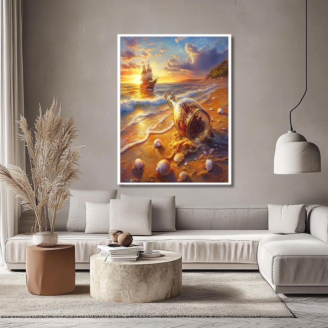 Ship in a Bottle Sunset Beach Seashells Nautical Scene Print - Image 2