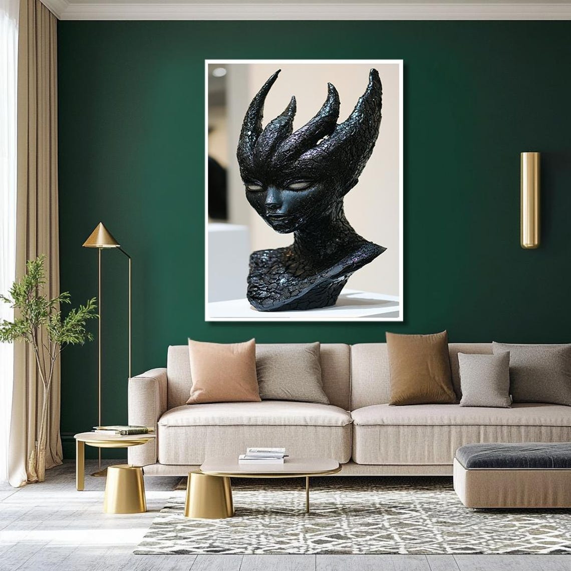 Dark Fantasy Horned Bust Black Textured Sculpture Wall Poster - Image 2