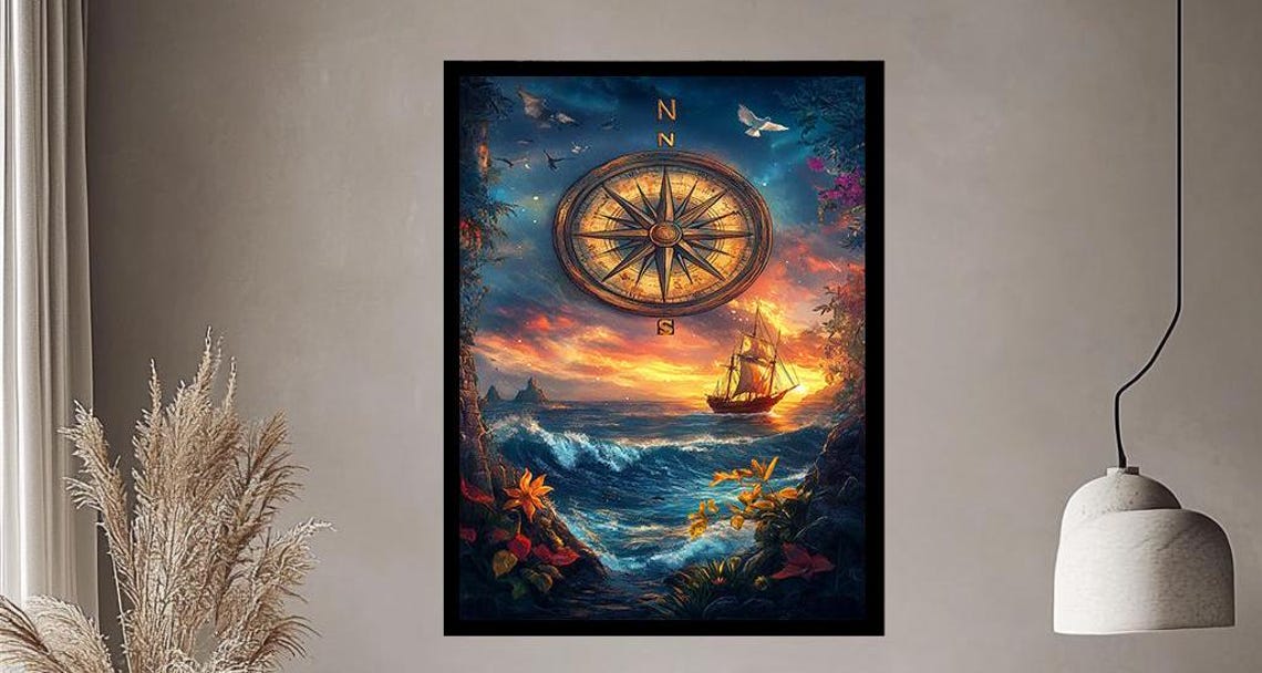 Compass Rose Over Vibrant Sunset Ocean With Sailing Ship Poster