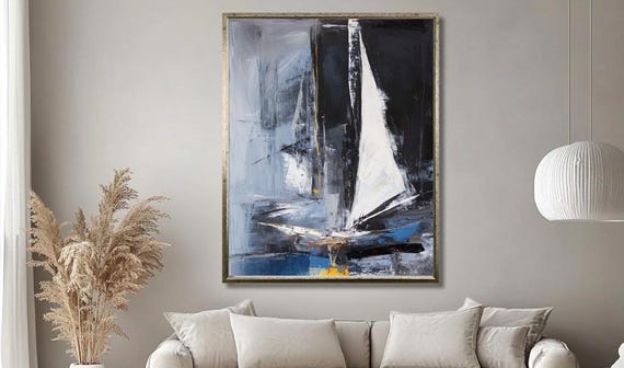 Abstract Sailboat Wall Art Modern Nautical Painting In Blue White And Gray Contemporary Sailboat Decor For Living Room