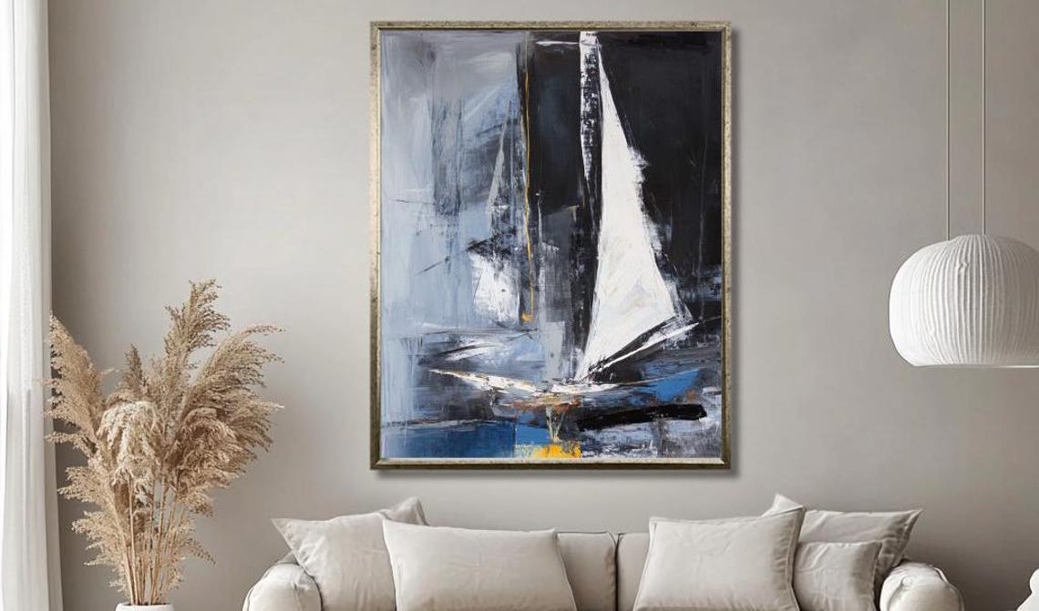 Abstract Sailboat Wall Art Modern Nautical Painting In Blue White And Gray Contemporary Sailboat Decor For Living Room