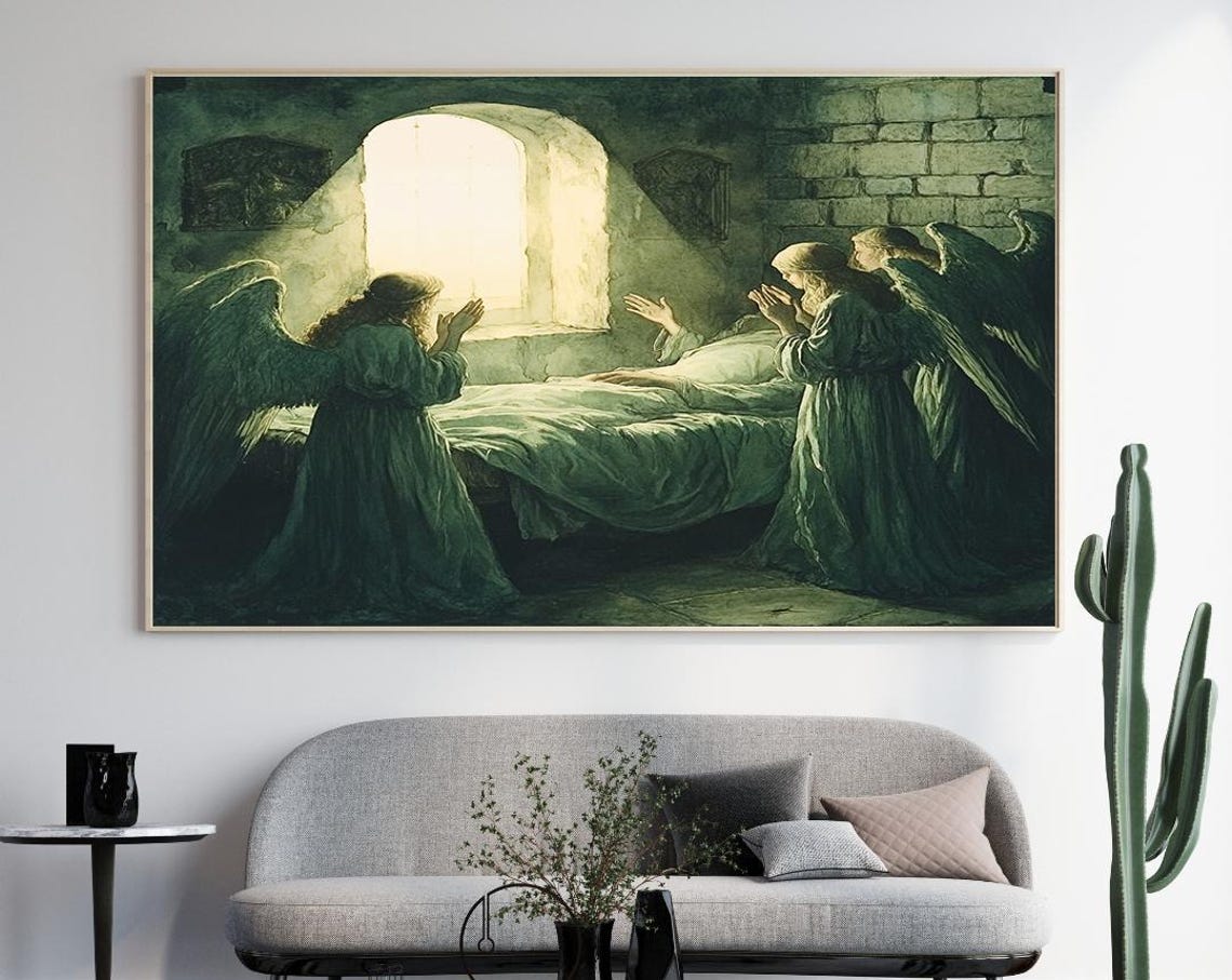 Mystical Angels Wall Art Gothic Cathedral Light Print Religious Medieval Scene Wall Decor