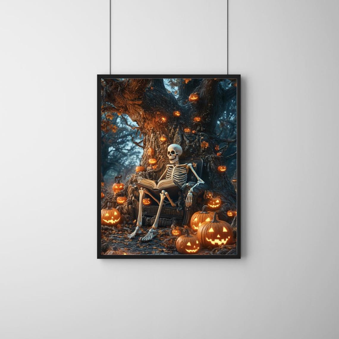 Skeleton Reading Book in Pumpkin Tree Halloween Night Art Poster - Image 2