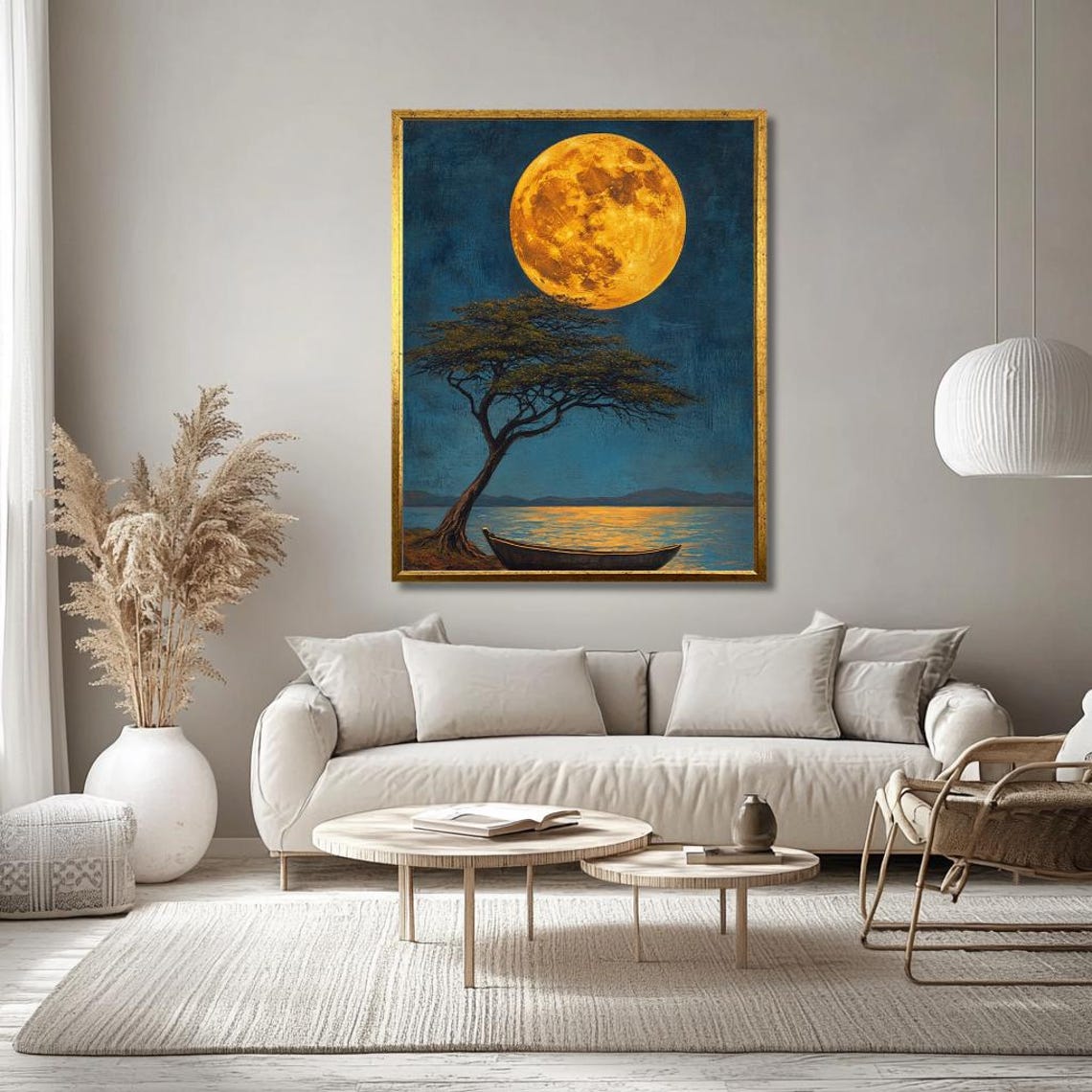 Golden Moon Over Serene Lake Wall Art Tranquil Night Landscape With Tree And Boat Large Moonlit Nature Decor - Image 3