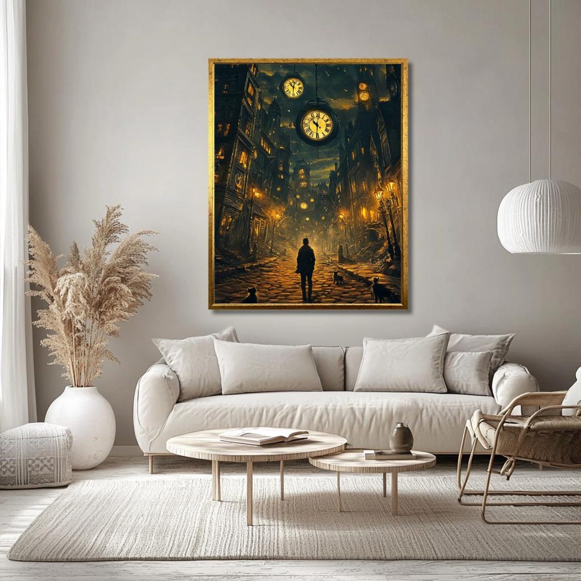 Steampunk Clockwork City Street Glowing Giant Clocks Night Poster - Image 3