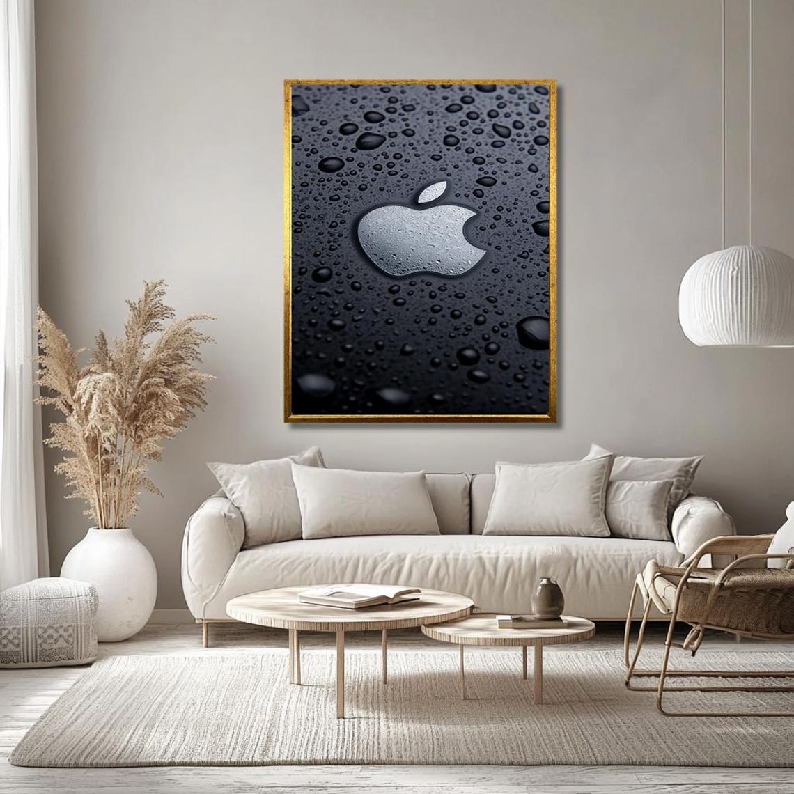 Metallic Apple Logo With Water Droplets Sleek Tech Art Poster - Image 3