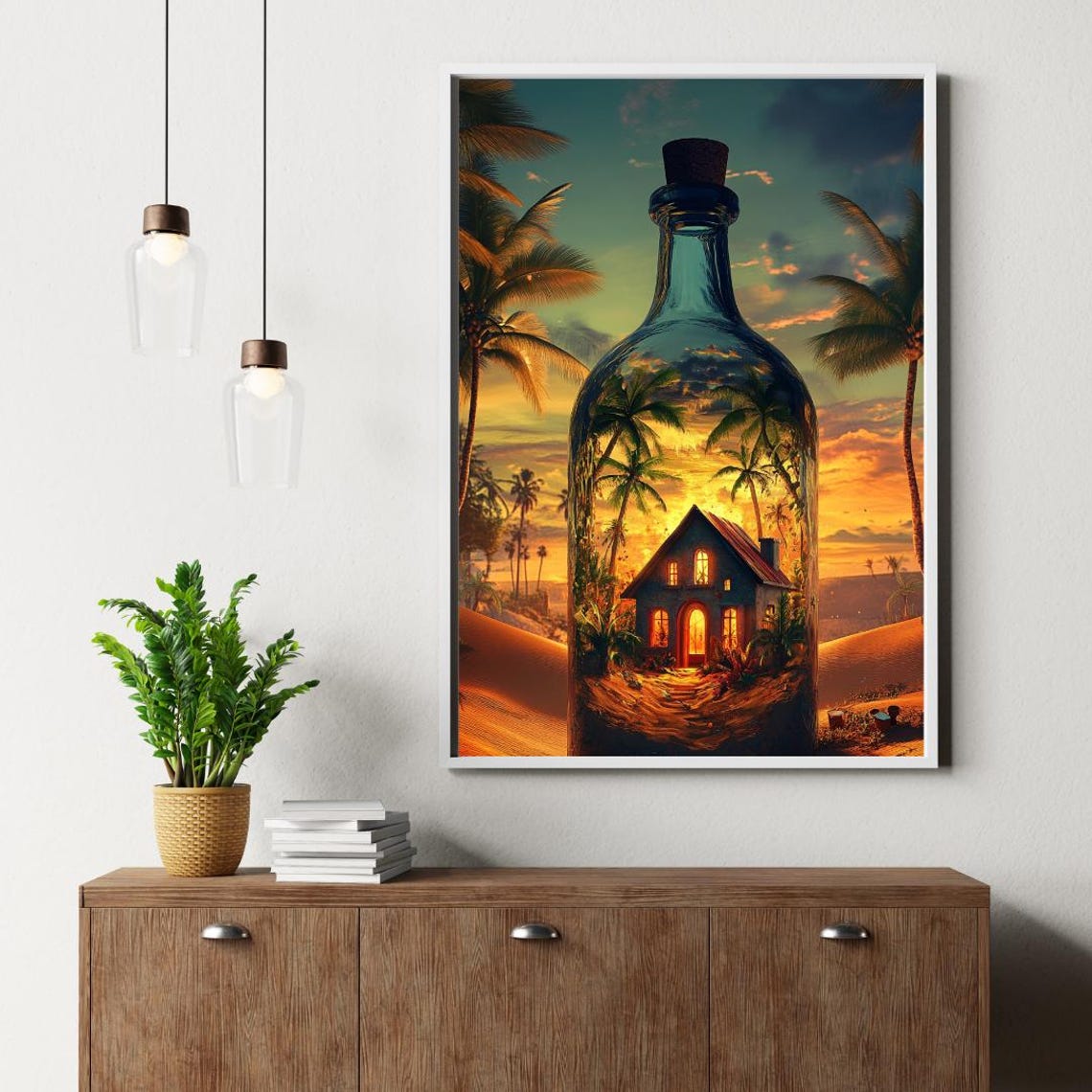 Tropical House Inside Glass Bottle Sunset Surreal Paradise Wall Art - Image 2