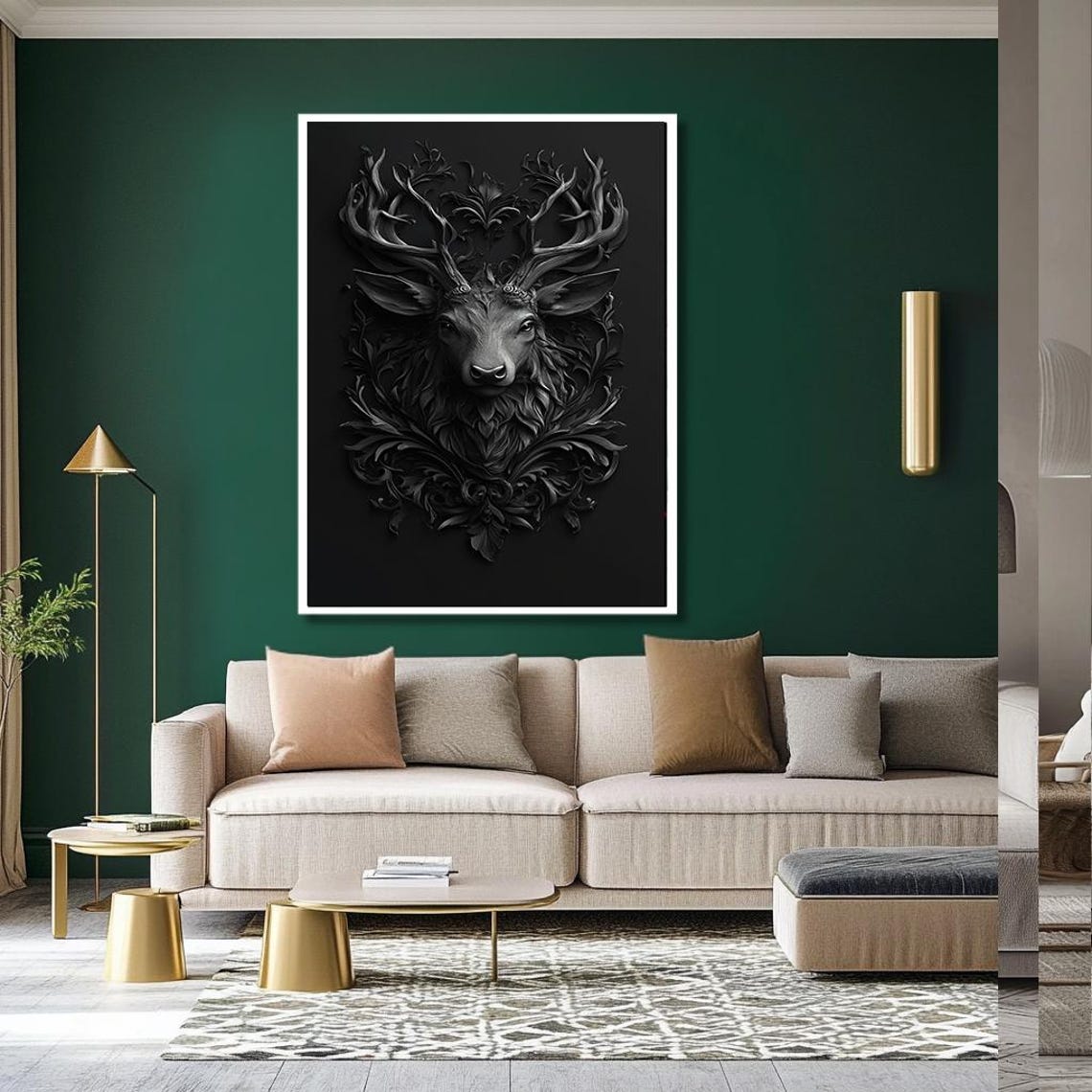 Gothic Black Stag Head Relief With Dark Ornate Foliage Poster - Image 2