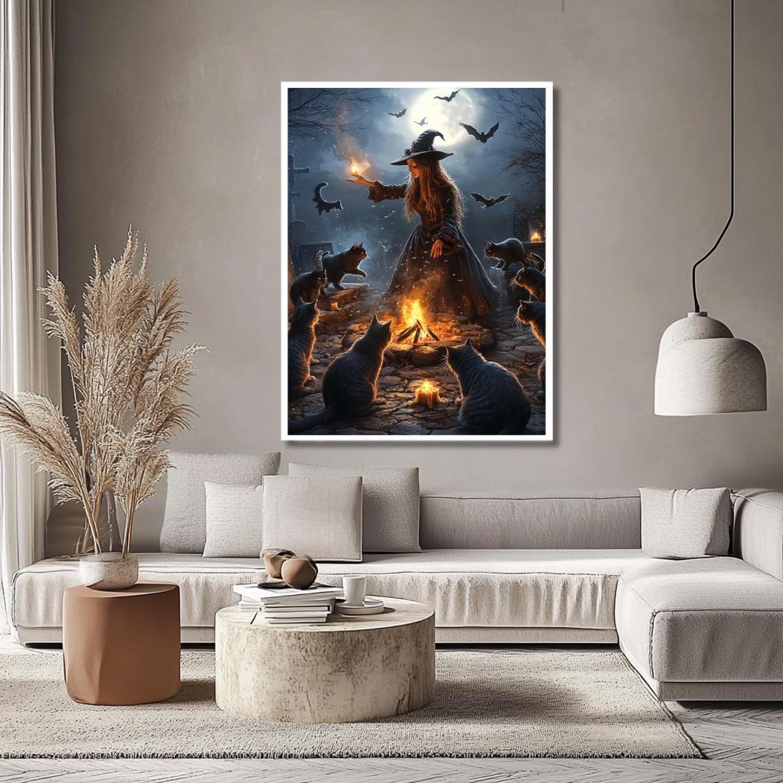 Witch With Black Cats Around a Campfire Under the Full Moon Poster - Image 2