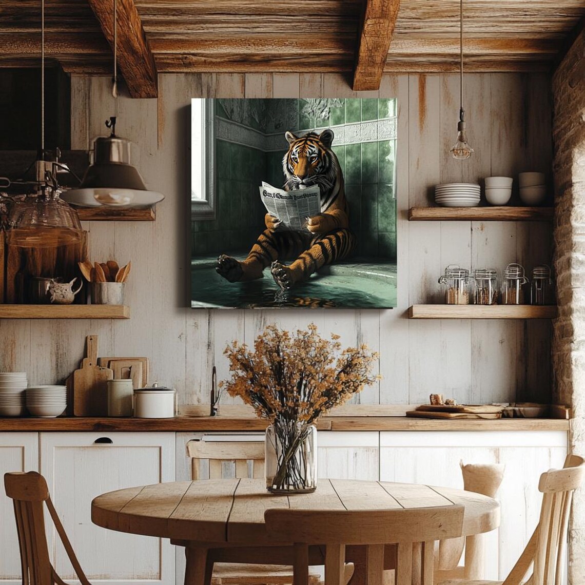 Relaxed Tiger Reading Newspaper in Green Tiled Bathtub Print - Image 3