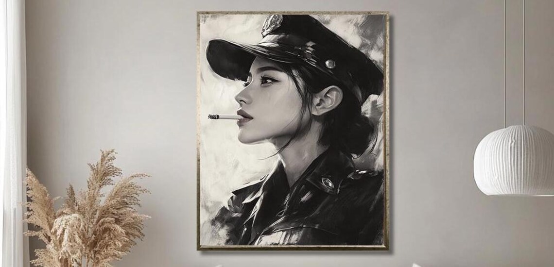 Cinematic Noir Woman in a Military Cap Black and White Portrait Print