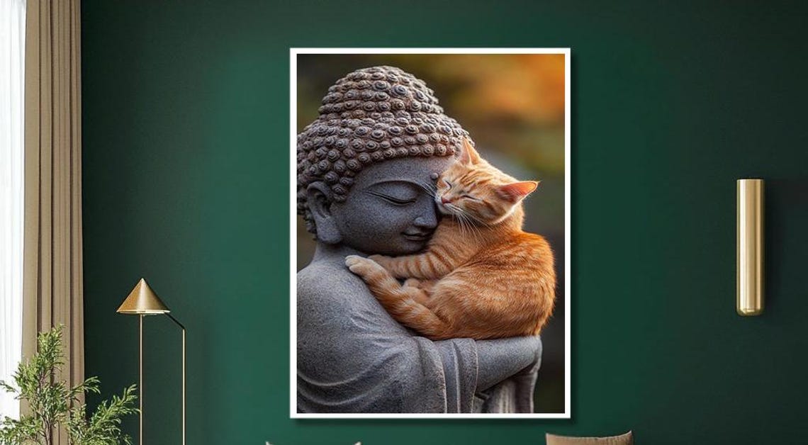 Buddha Statue With A Ginger Cat Resting In Zen Serenity Poster - Image 3