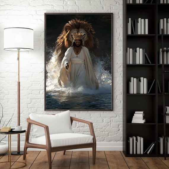 Crowned Jesus Walking on Water with Lion Behind King Spirit Poster