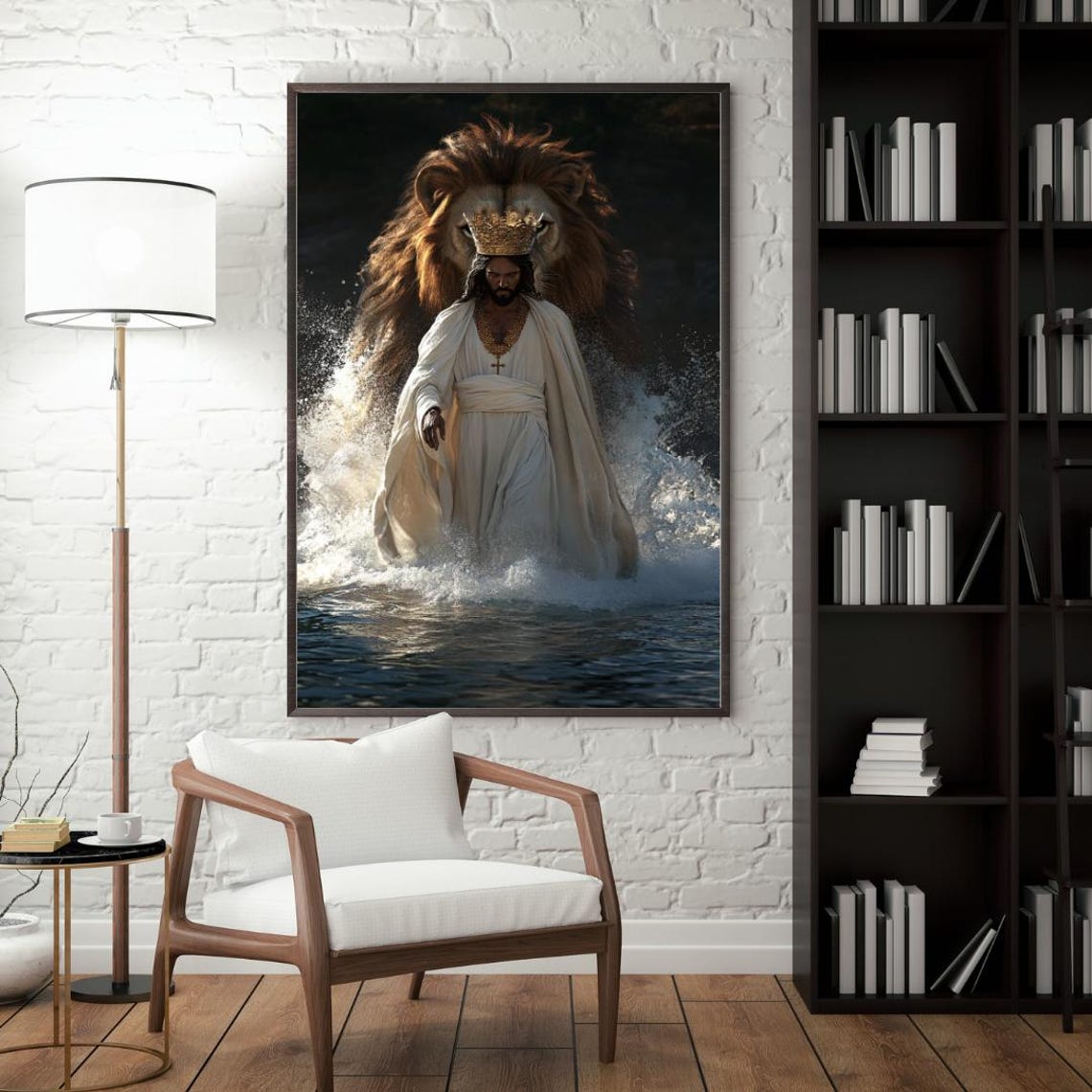 Crowned Jesus Walking on Water with Lion Behind King Spirit Poster