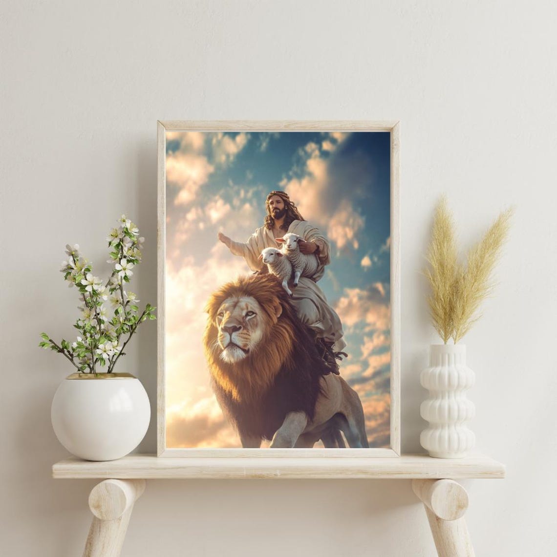 Jesus Riding Lion with Lambs Peaceful Kingdom Heavenly Art Poster - Image 3