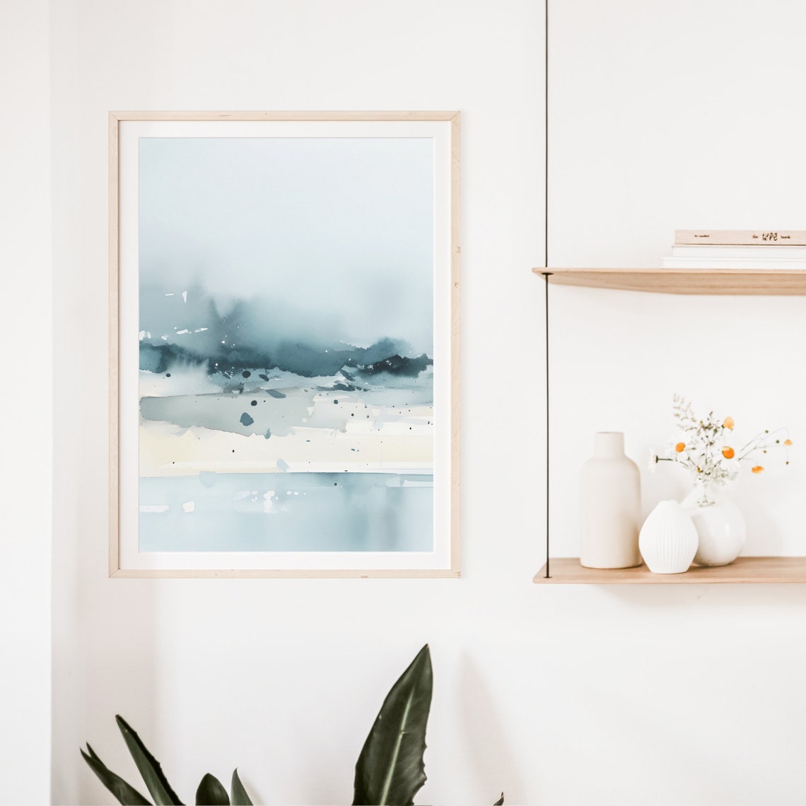 Teal Blue Abstract Watercolor Horizon Splash Modern Art Poster