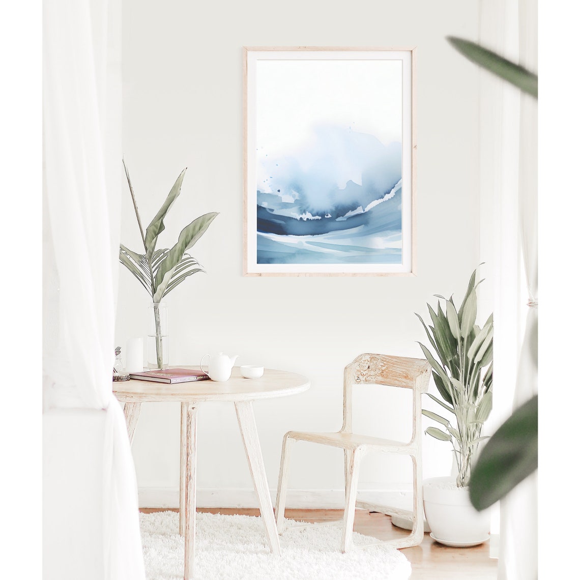Blue Watercolor Rolling Ocean Waves Coastal Abstract Art Poster - Image 3