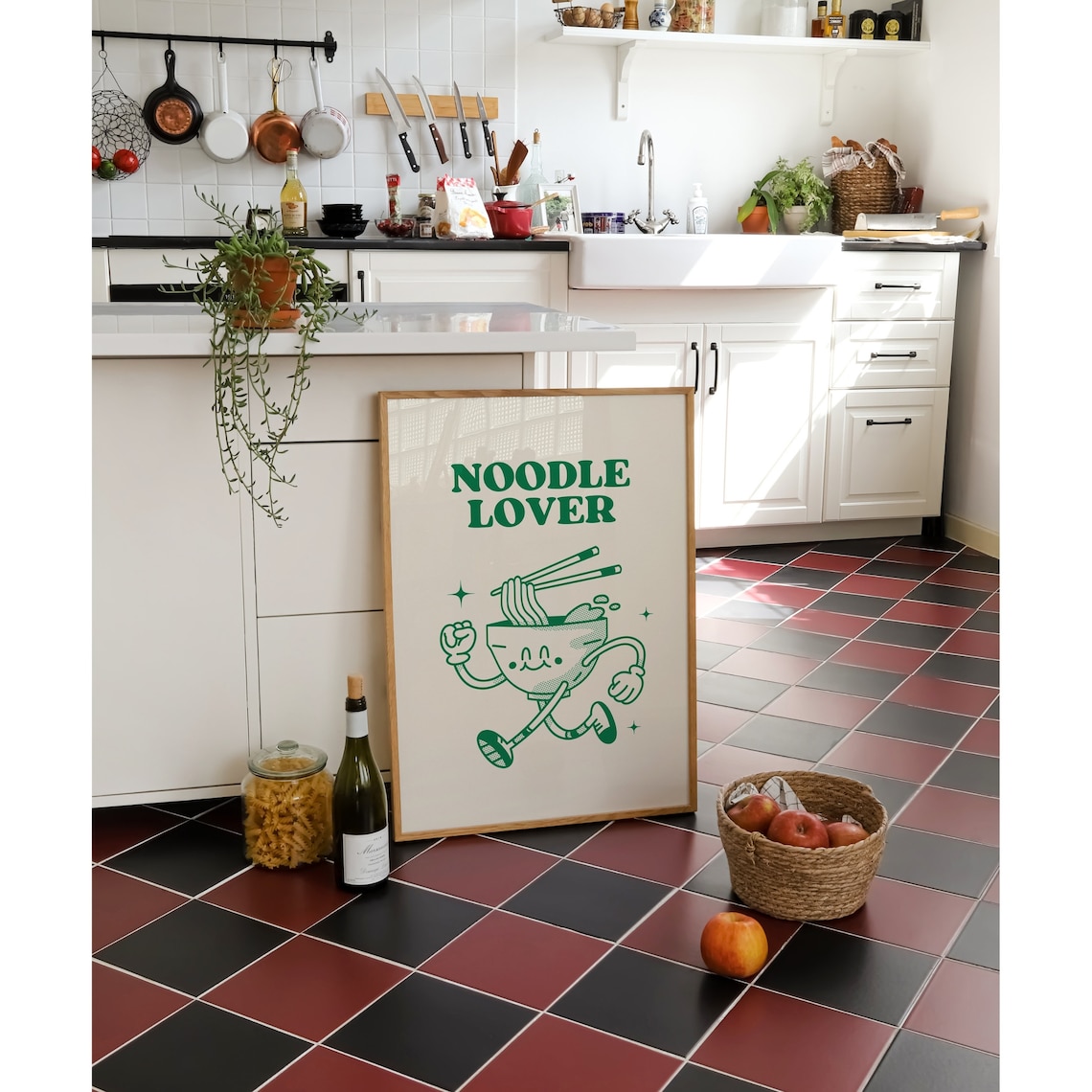 Noodle Lover Retro Green Ramen Bowl Mascot Funny Foodie Kitchen Poster - Image 2