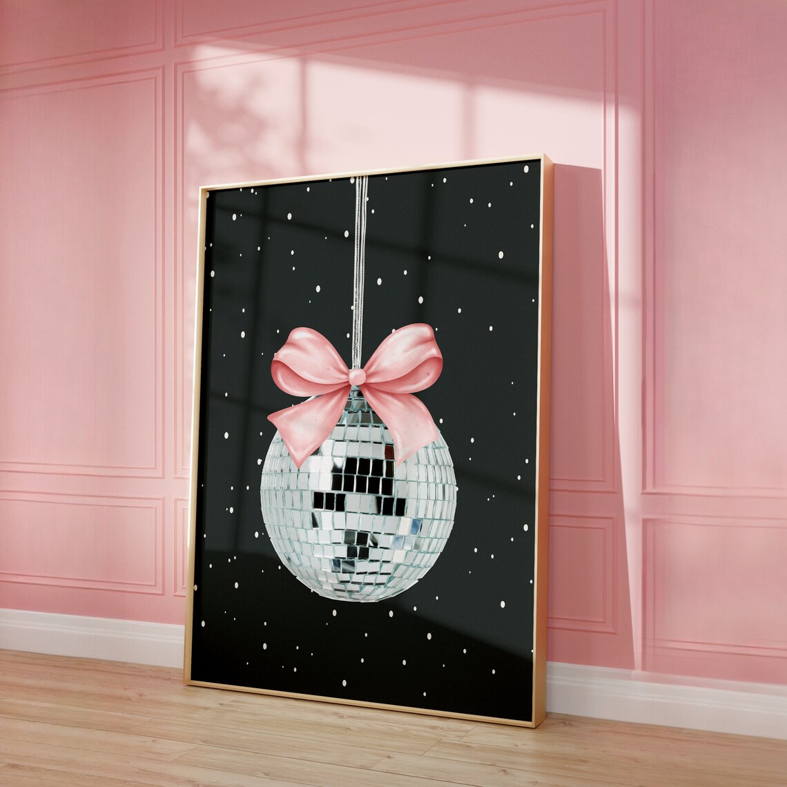 Christmas Disco Ball Ornament Poster Pink Bow Festive Party Holiday Decor - Image 3