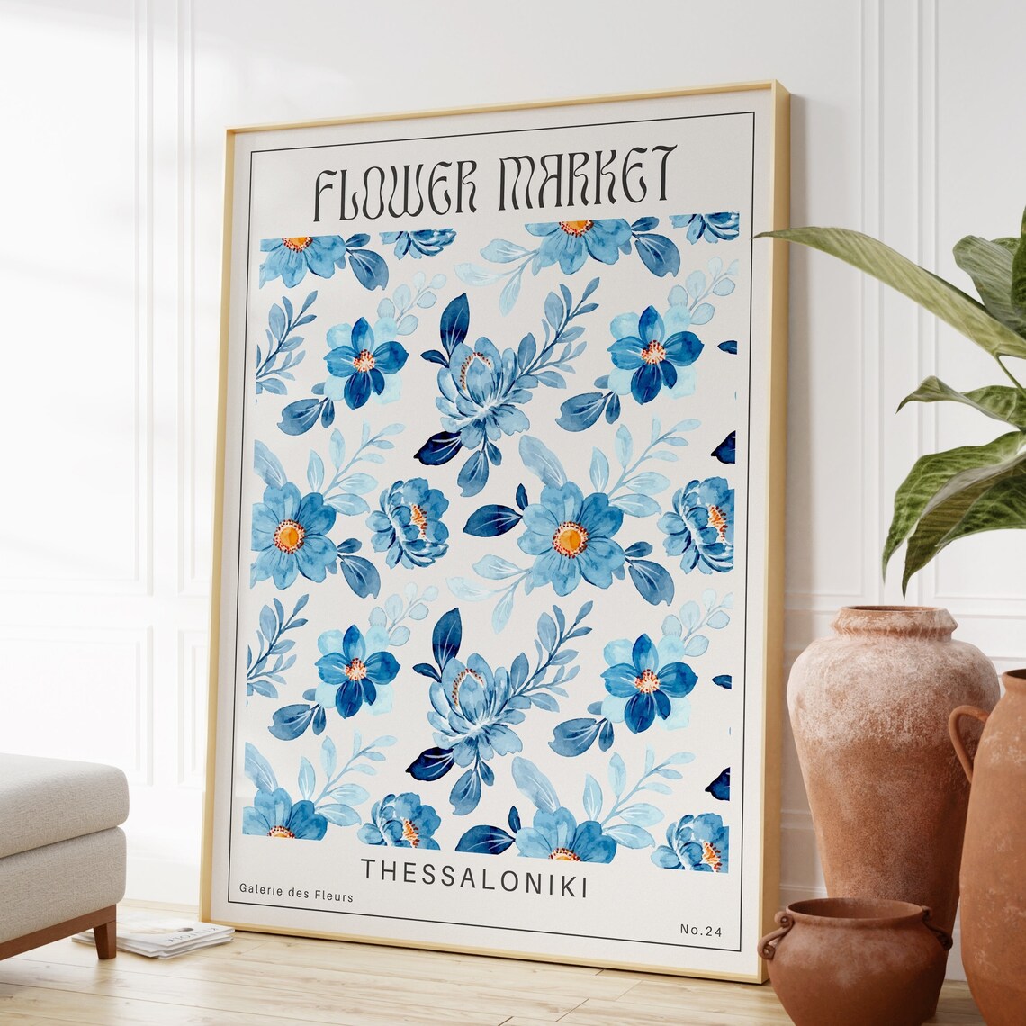 Thessaloniki Flower Market Blue Floral Watercolor Pattern Poster - Image 3