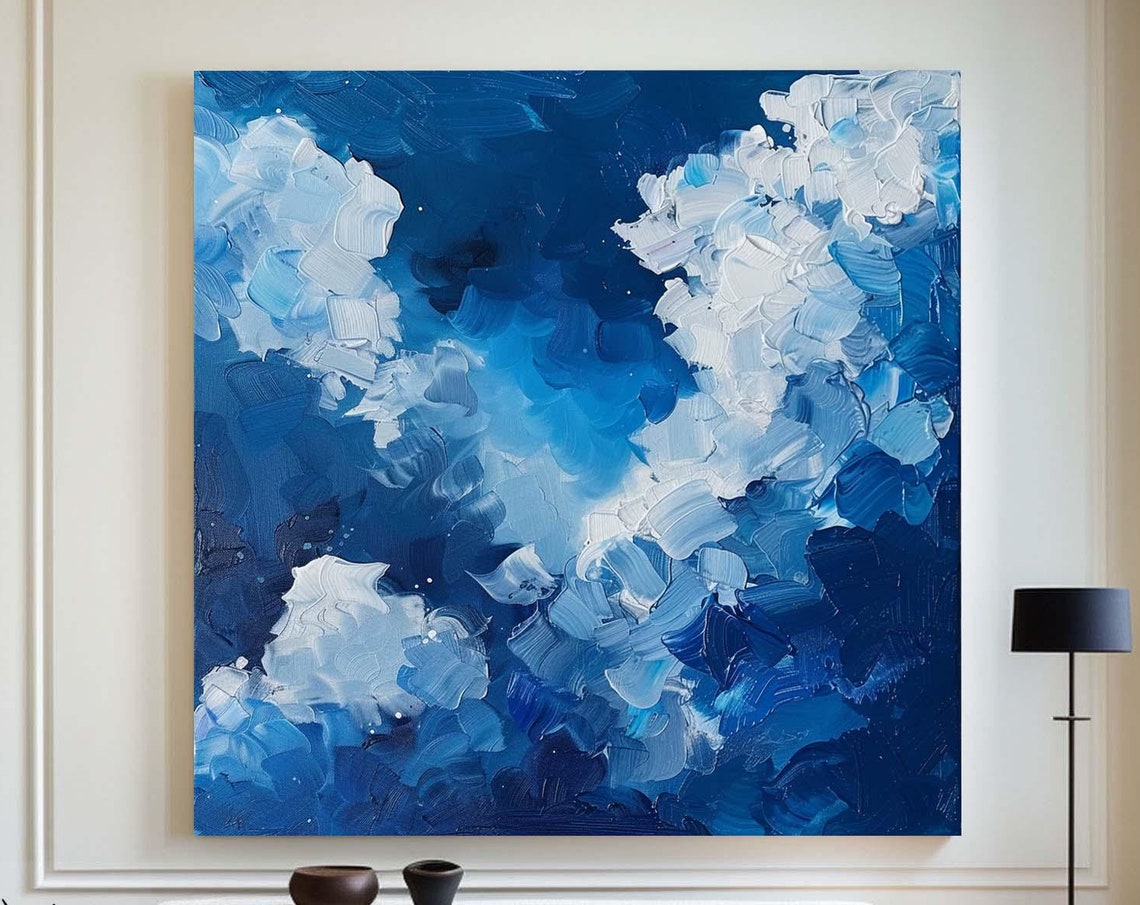 Blue White Textured Cloudscape Abstract Sky Impasto Canvas Poster
