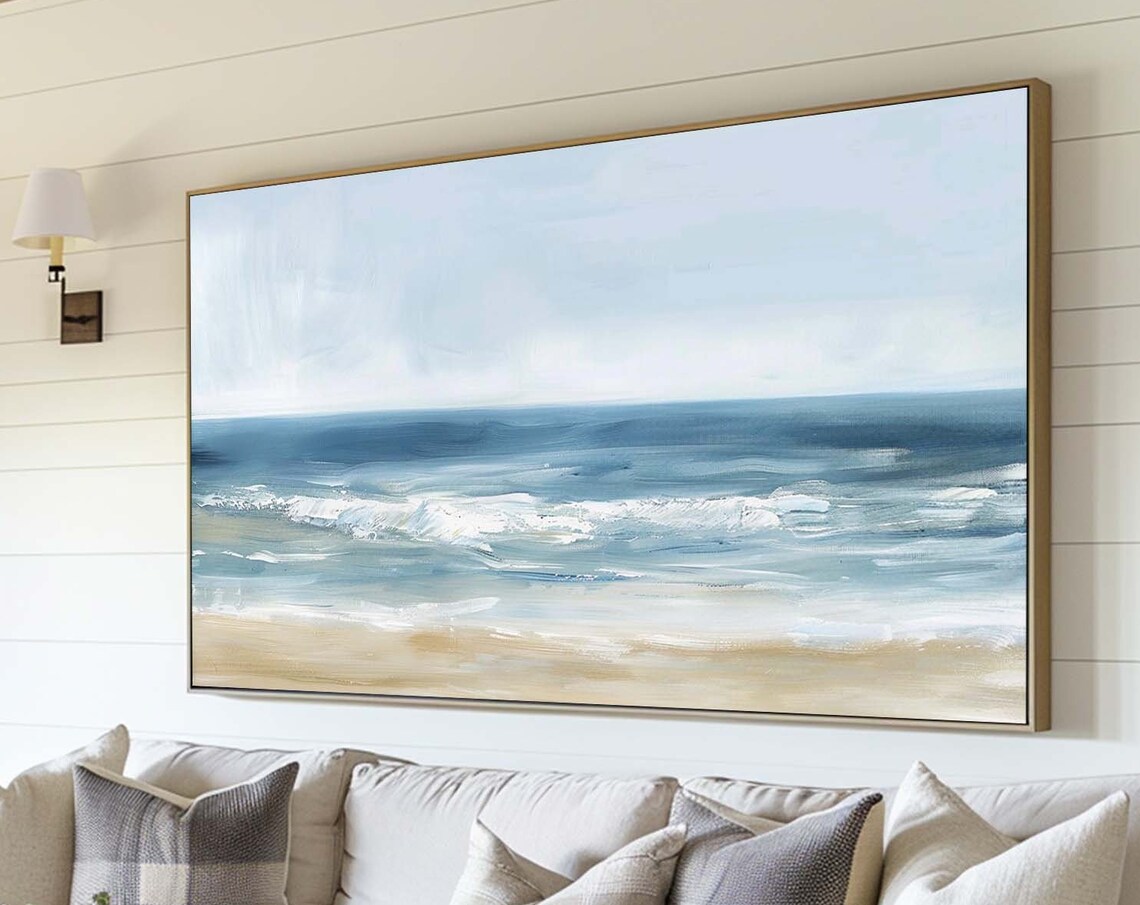 Calm Ocean Beach Painting Soft Blue Waves Sandy Shore Coastal Wall Art