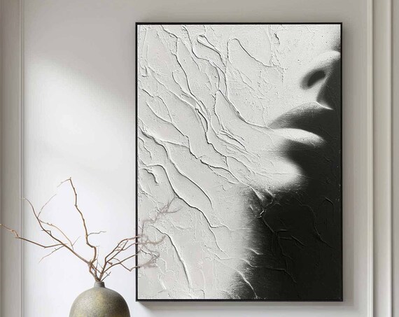 White Black Woman Face Profile Sculptural Texture Abstract Portrait Wall Art