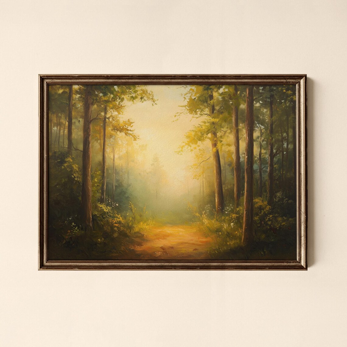 Golden Sunlit Forest Path Vintage Oil Painting Landscape Poster