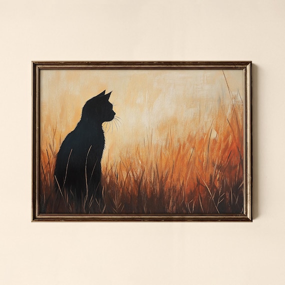 Black Cat Silhouette in Golden Autumn Sunset Grassland Print