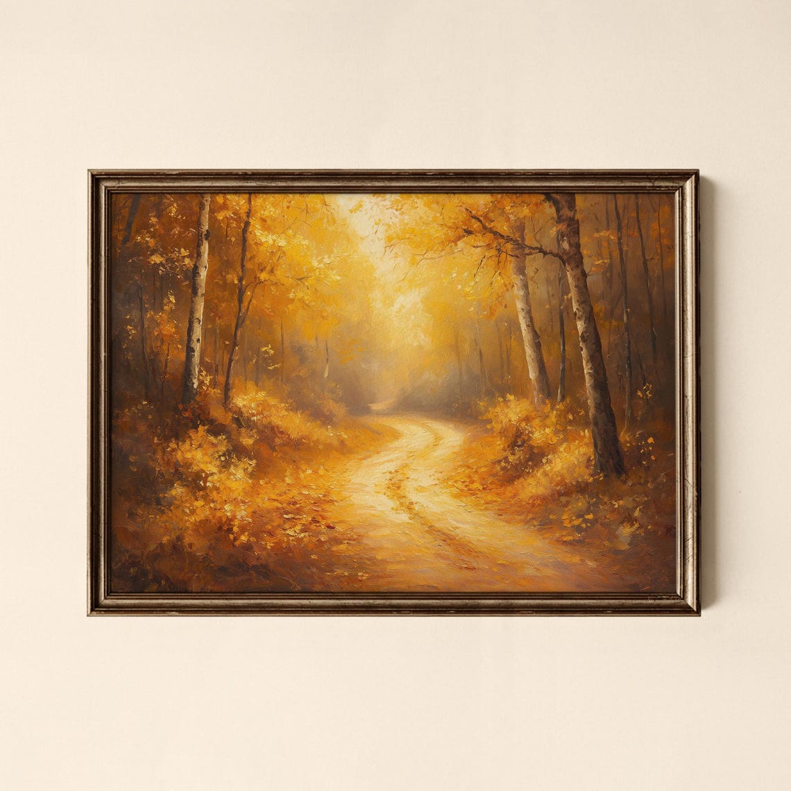 Golden Birch Forest Sunlit Winding Path Autumn Fall Decor Poster