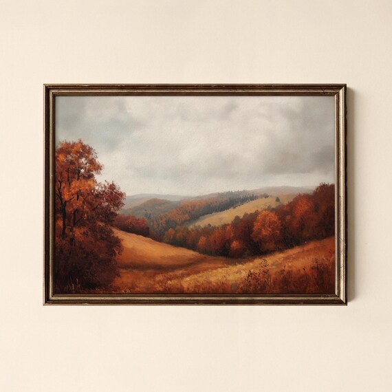 Misty Autumn Hills with Orange Trees Vintage Oil Painting Landscape Poster