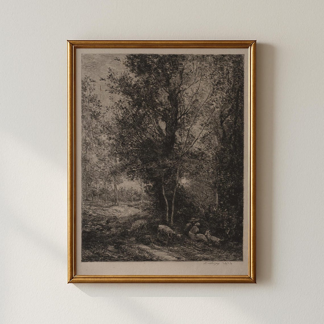 Vintage Forest Sheep Pasture Woodland Etching Antique Poster