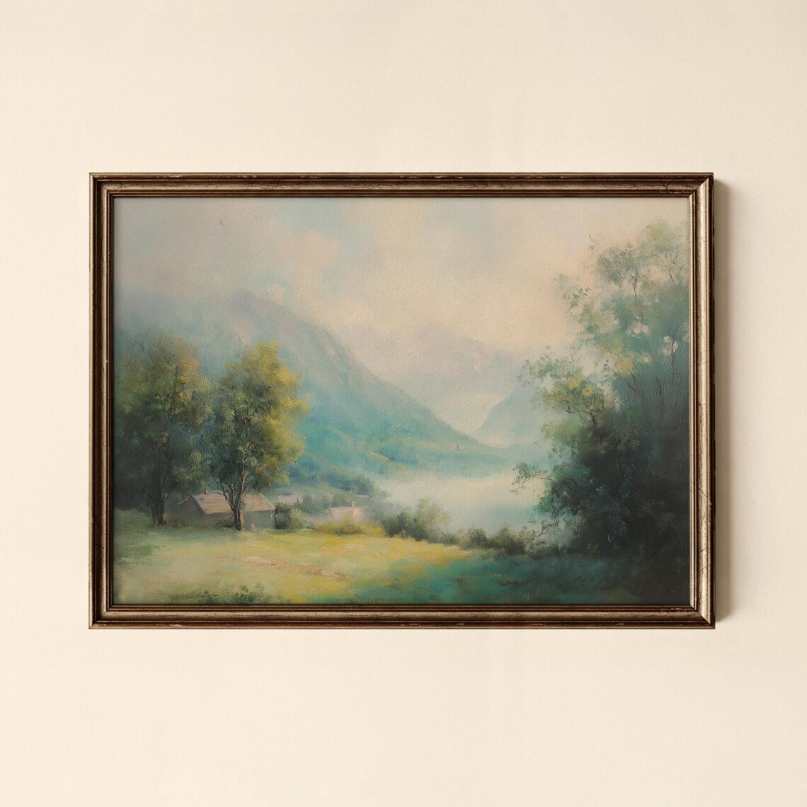 Dreamy Misty Mountain Valley Vintage Landscape Oil Painting Poster