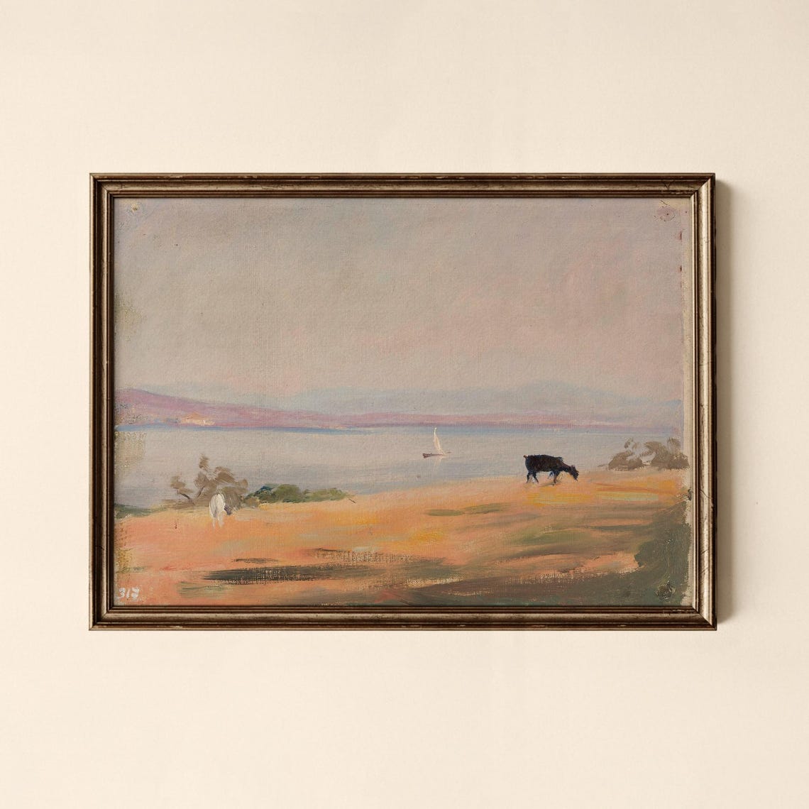Vintage Coastal Scene Cows Grazing by Water Antique Seascape Print