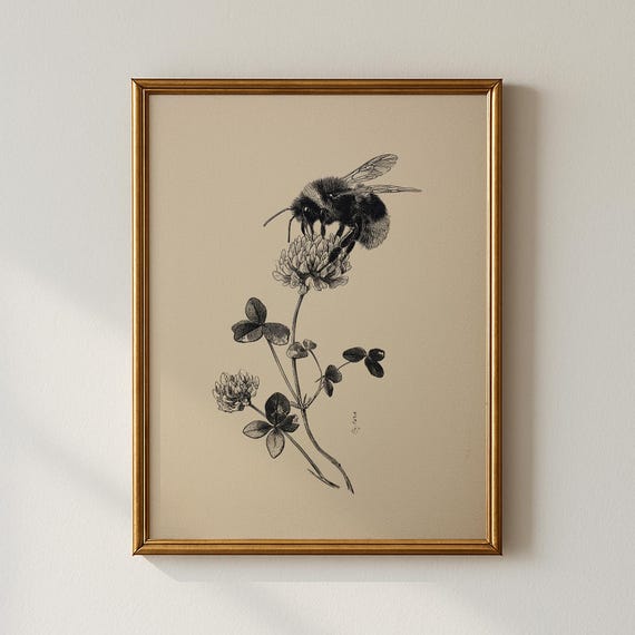 Vintage Bee Print, Botanical Bedroom Art Print