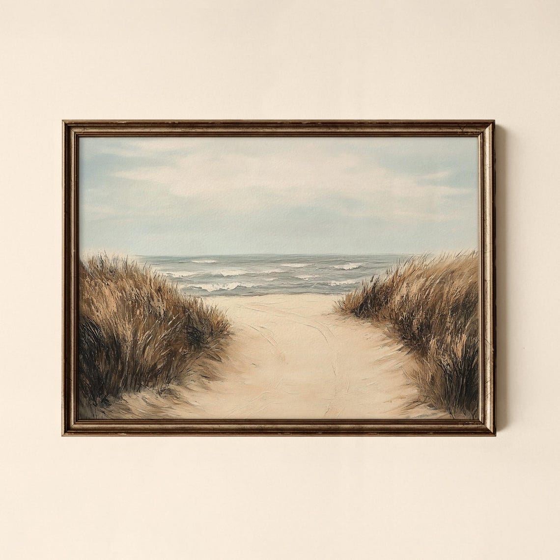 Coastal Beach Trail Through Dune Grass to Rolling Ocean Waves Print
