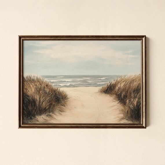 Coastal Beach Trail Through Dune Grass to Rolling Ocean Waves Print