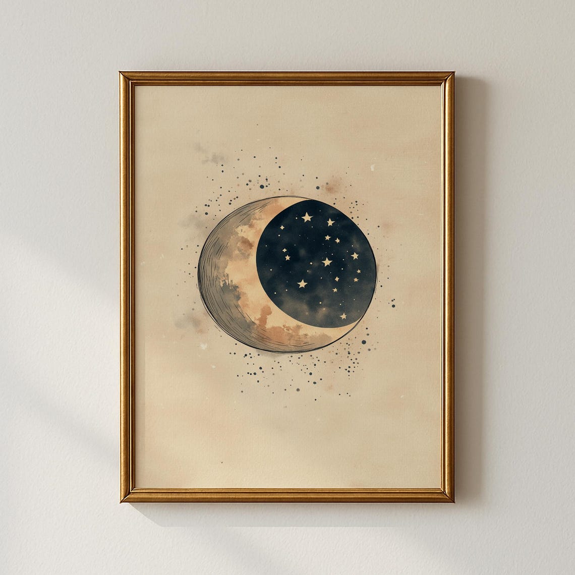 Crescent Moon with Starry Night Celestial Ink Wash Art Print