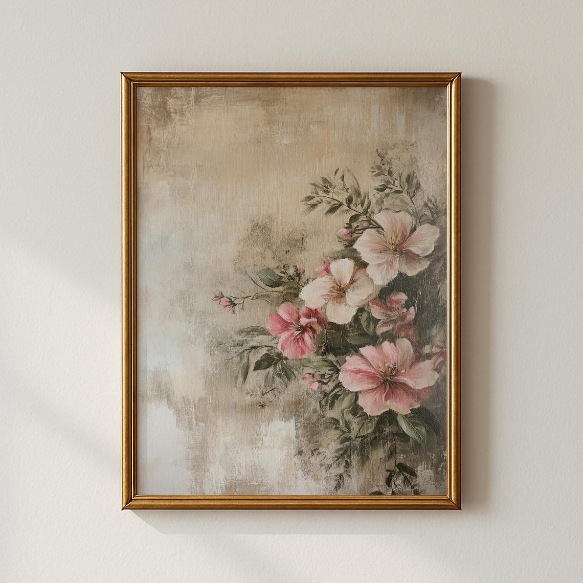 Pink Hibiscus Blossoms Watercolor Floral Wall Art with Soft Texture