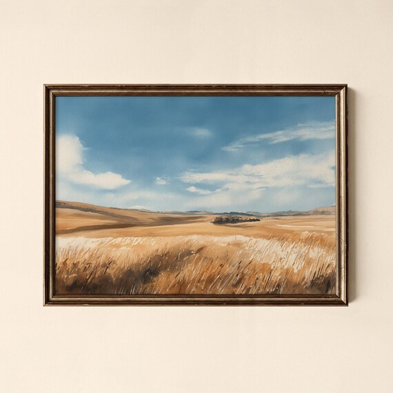 Golden Wheat Field Prairie Under a Blue Sky Vintage Watercolor Poster