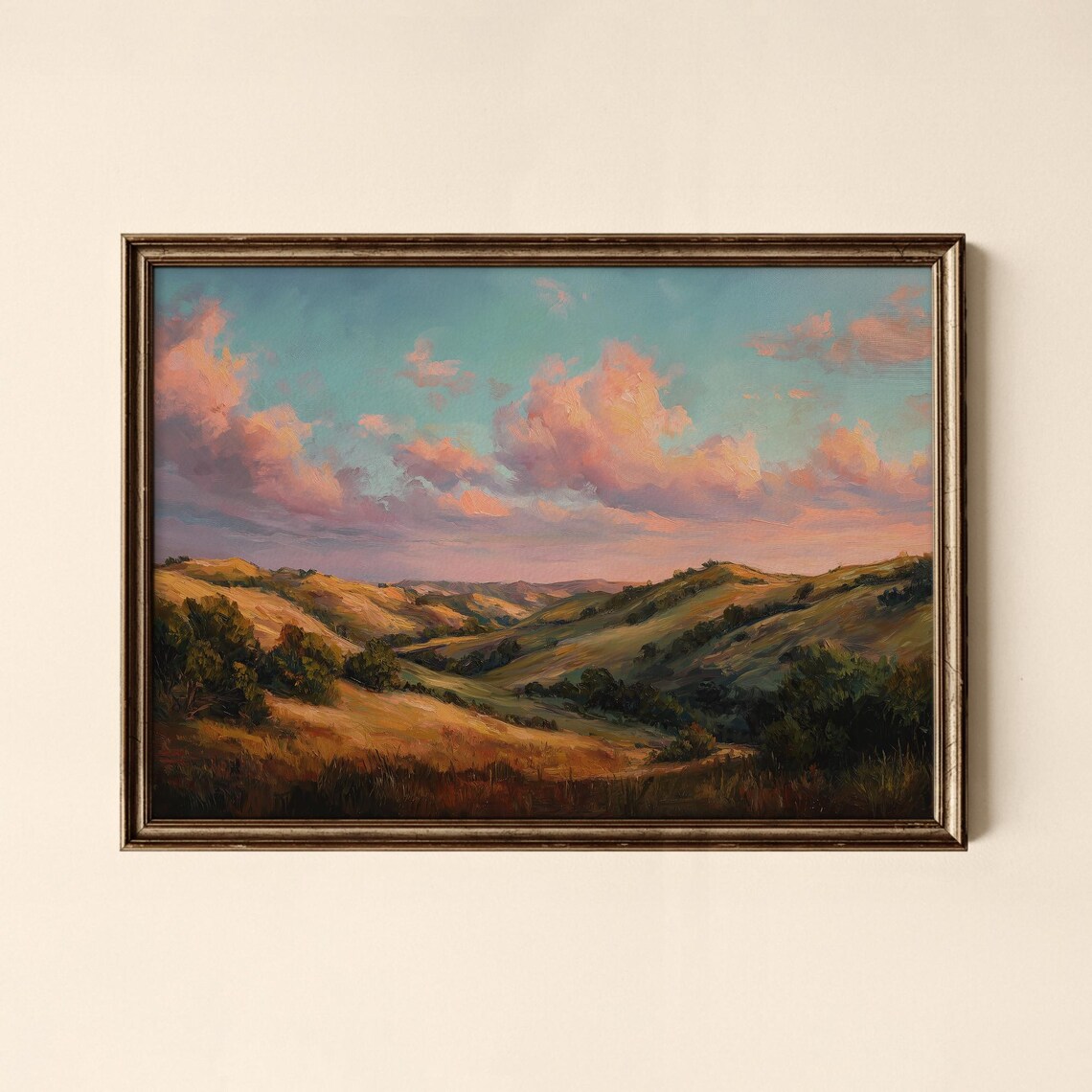 Golden Rolling Hills Sunset Landscape Vintage Oil Painting Poster
