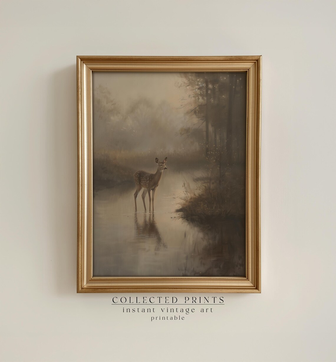 Misty Morning Fawn Standing By The Foggy Water Vintage Poster