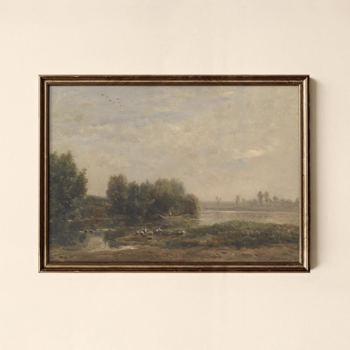 Vintage Lakeside Landscape With Ducks And Water Birds Poster