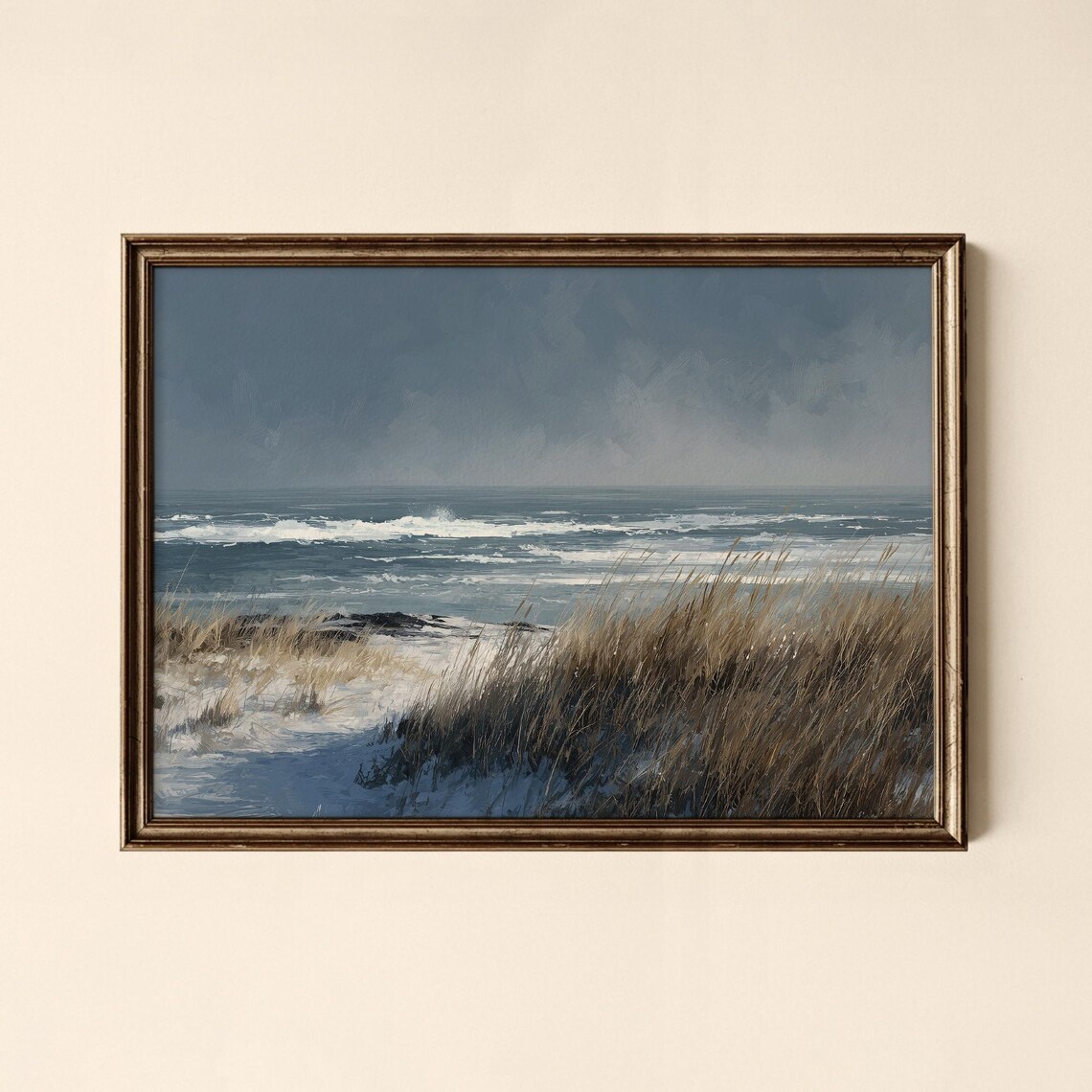 Stormy Waves Moody Coastal Dunes Seascape Oil Painting Art Print