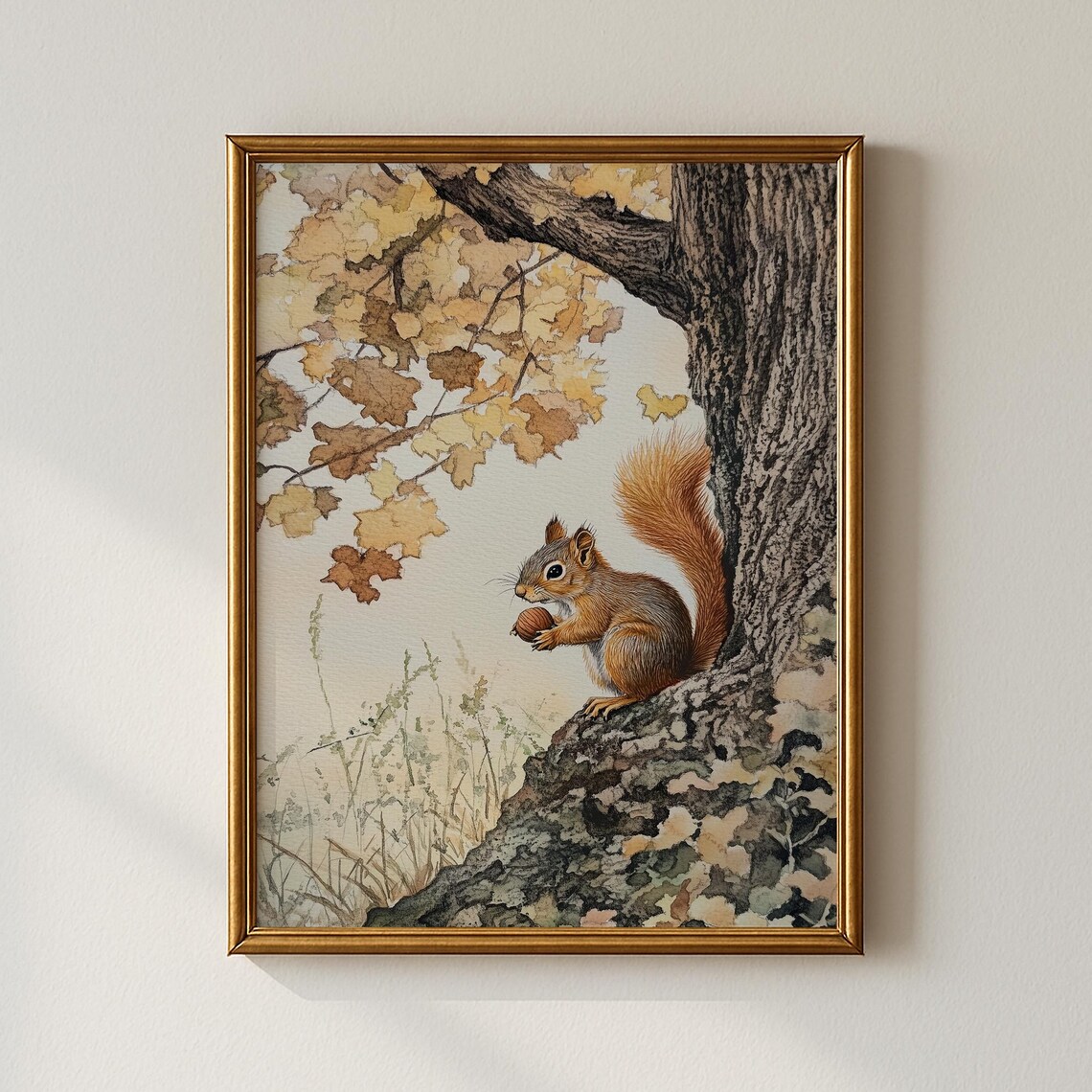 Vintage Autumn Squirrel Art Print, Antique Decor