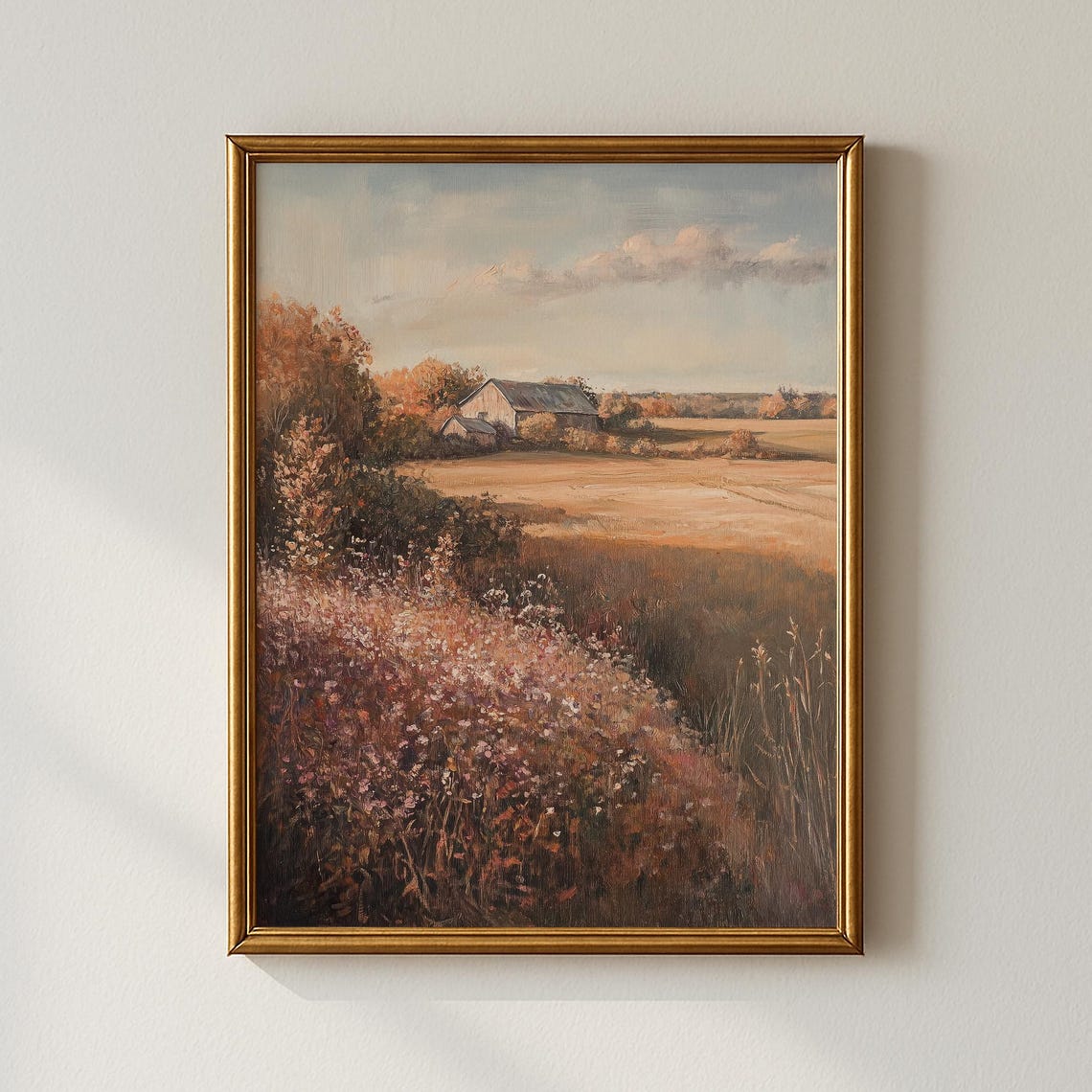 Rustic Farmhouse At Sunset Golden Wildflower Field Art Print