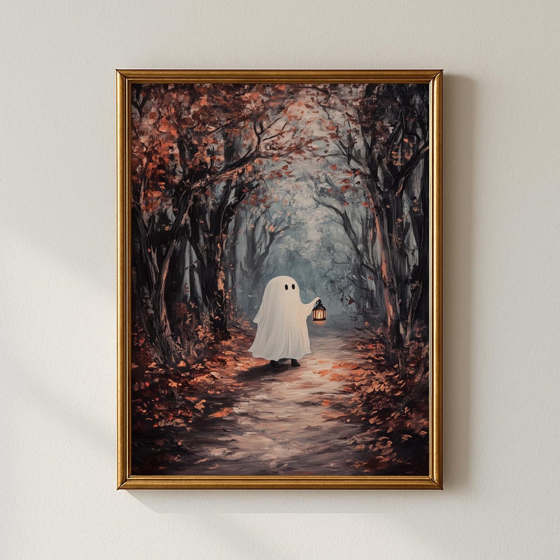 Cute Ghost With Lantern Autumn Forest Halloween Spooky Art Poster