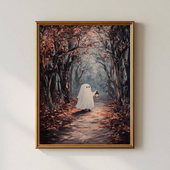 Cute Ghost With Lantern Autumn Forest Halloween Spooky Art Poster