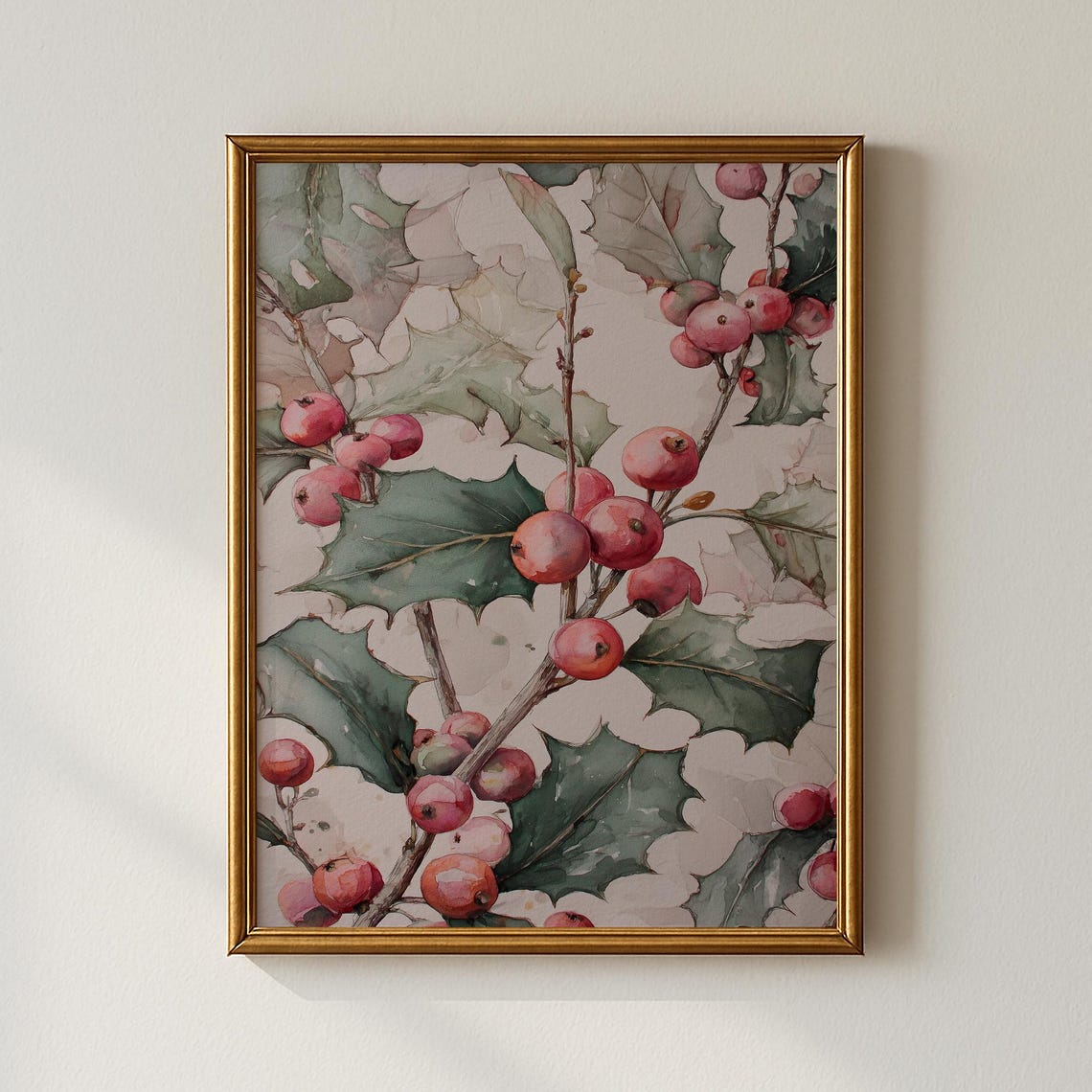 Watercolor Winter Holly Berries Botanical Christmas Foliage Poster