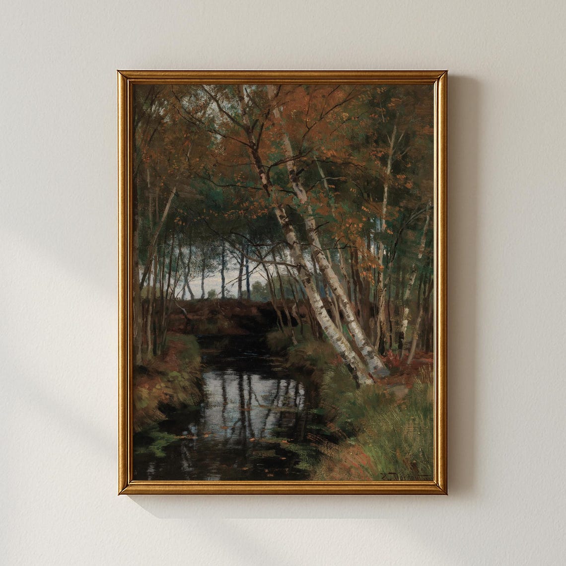 Tall Birch Trees Over Dark Autumn River Vintage Landscape Poster